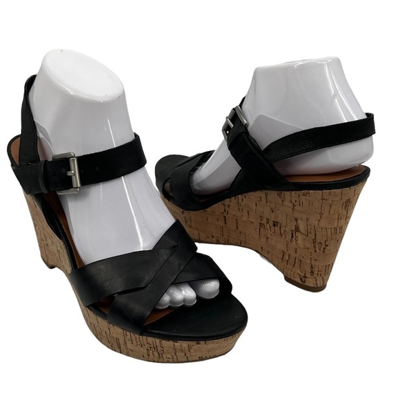Franco Sarto Black Farley Leather Cork Wedge Platform Sandals Size 8 1/2 Women’s - Picture 1 of 9